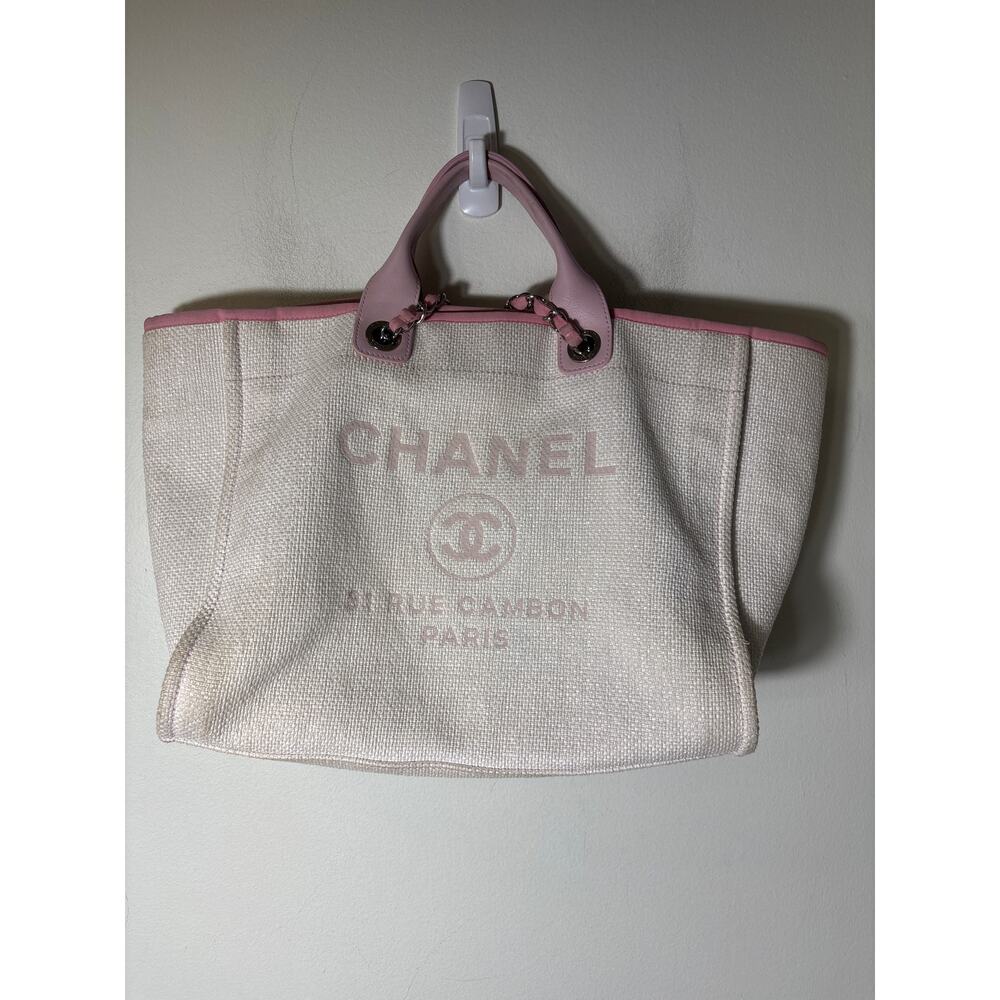 Chanel Deauville Shopping Tote Light Pink Raffia and Canvas Silver Hardware - Picture 2 of 8